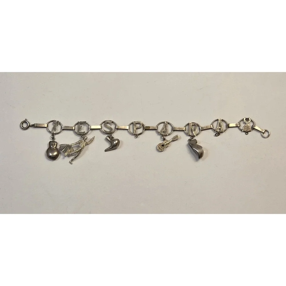 Vintage Alpaca Silver Espana Charm Bracelet 8